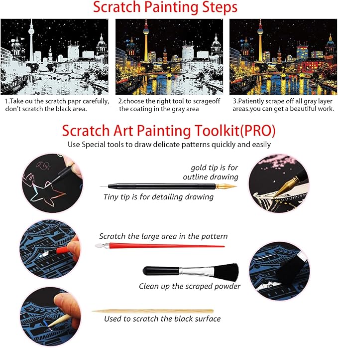 Scratch Art Painting Set for Adults – 8 Sheets A4 Rainbow Scratch Paper,Night Scene Engraving Art Kit Creative Craft Art Set for Craft Enthusiasts (Famous Landmark/City) by Iskueal
