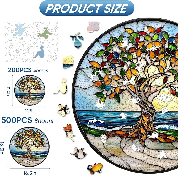 Ruikiyart Wooden Puzzles for Adults, 5MM 200 Pieces Coast Tree Wooden Jigsaw Puzzles, Tree of Life Puzzle Unique Shaped for Adults and Kids on Birthday, Christmas Family Puzzle Games (11.2"*11.2")