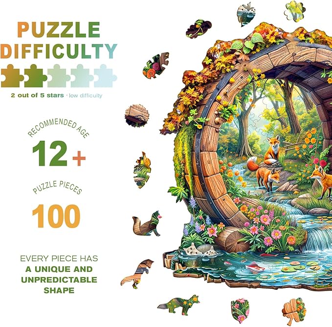 Wooden Puzzles for Adults - Happy Foxes Wooden Jigsaw Puzzle - Unique Animal Shaped Wood Puzzles Adult - Christmas Birthday Gifts for Adults/Friends/Family - 100pcs 8.5 * 8.3in