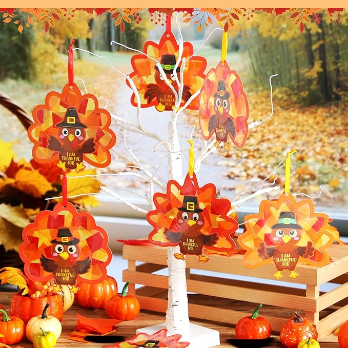 Funrous 32 Set Thanksgiving Turkey Suncatcher Craft Kit Autumn DIY Hanging Ornaments Window Stained Glass Effect Art Colorful Tissue Paper Crafts Fall Thanksgiving Home Classroom Decorations Supplies