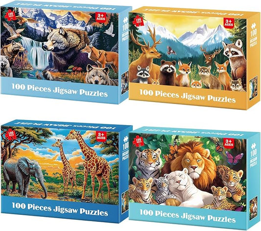 Kids Puzzles Ages 5-8 - Wild Animals Puzzles 100 Piece Jigsaw Puzzles for Kids Ages 4-6 Toddler Puzzle, World of Animals Collection Puzzles Gift Educational Toys for Boys and Girls 4-Pack