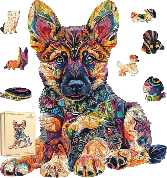 Ruikiyart Wooden Puzzle for Adults,500 Pieces Unique Shaped German Shepherd Puggy Jigsaw Puzzles for Adults and Kids,Best Gifts for Puzzle Lovers,18.42x17.3 Inches