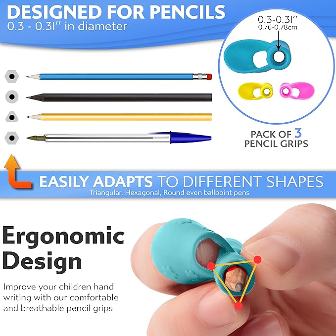 Stylo Pencil Grips Pack of 3 - Pink, Sea Green, Yellow - Perfect Handwriting Holders for Kids Home Schooling and Preschool Writing Tools