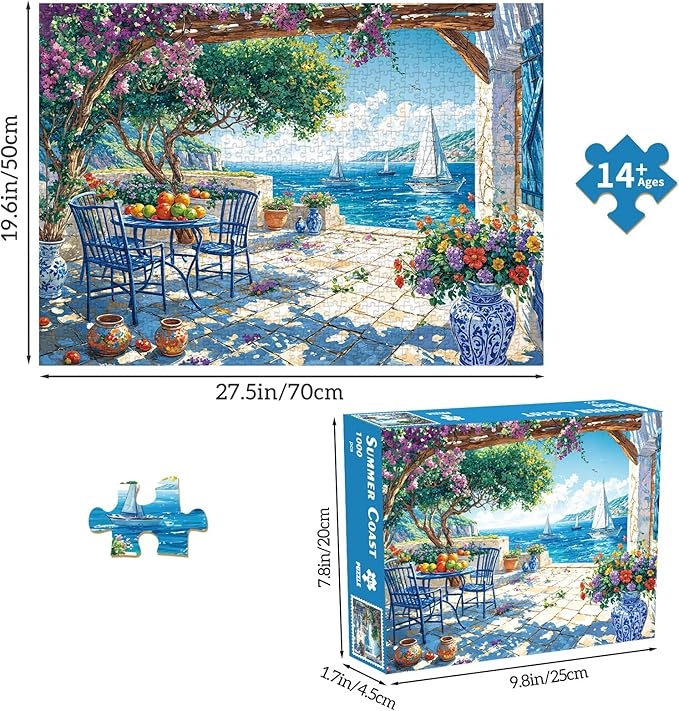 Jigsaw Puzzles for Adults 1000 Pieces, Interlock Perfectly Letter on Back No Dust, Home Decor Birthday Party Gift Toy for Men Women Elders Seniors, 1:1 Poster - Summer Coast