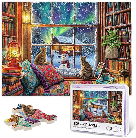 Winter Reading Nook 500 Piece Jigsaw Puzzle Winter Puzzles 500 Pieces Funny Cat Puzzle Puzzles for Indoor Cats for Adults Challenging Puzzle Perfect for Game Nights