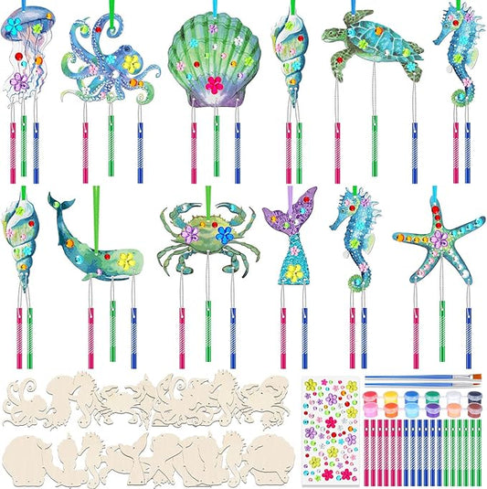 30 Pack Summer Ocean Wind Chime Kit for Kids, Sea Animals Beach Crafts DIY Make Your Own Marine Creature Shell Whale Wind Chime Ornaments for Home Classroom Activity Birthday