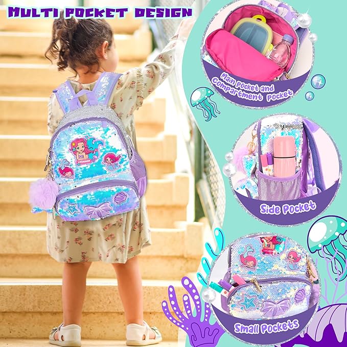 Mermaid Sparkly Sequin Backpack for little Girls Toddler,Cute Kids School Book Bag for Nursery Kindergarten Elementary,Back to School Easter Birthday Christmas Gifts for Girls