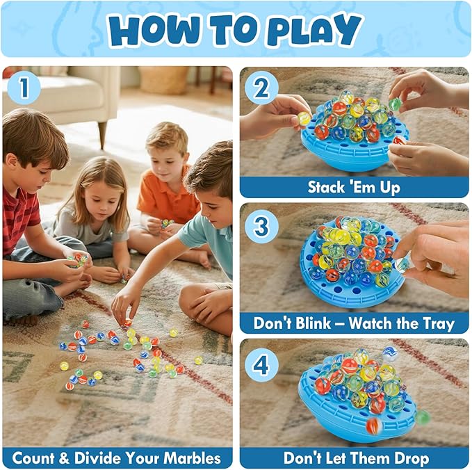 Marble Balance Game, Wobble Marble Stacking Game for Kids 6+, Family Games for Kids and Adults with Built-in Storage, Marbles Board Game for 1-4 Players, Fun Birthday Party Games Toys