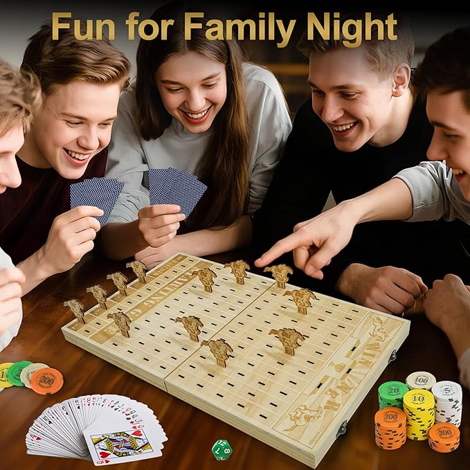 Horse Race Board Game, Foldable Horse Racing Game with 100 Chips, 12 Laser Wooden Horses, 2 D12 & 2 Cards, Thickened Solid Wood Horse Game Set Classic Board Games for Family Nights Party Gifts