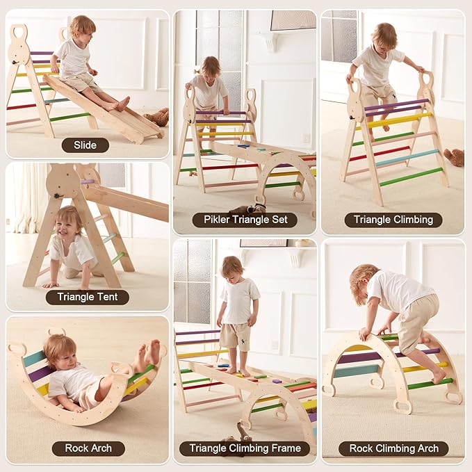 7 in 1 Large Pikler Triangle Set, Wooden Montessori Climbing Set, Foldable Toddler Baby Climbing Toys, Baby Climber Indoor Playground Jungle Gym for Toddlers Montessori Toys-Rainbow