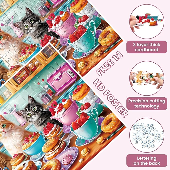 2-Pack 300 Pieces Puzzles for Kids, Dessert Cat Puzzles 300 Pieces Party Cat Jigsaw Puzzles for Adults, Large Piece Puzzle, Puzzle Toys for Boys and Girls, Family Activity Game Nights Gifts
