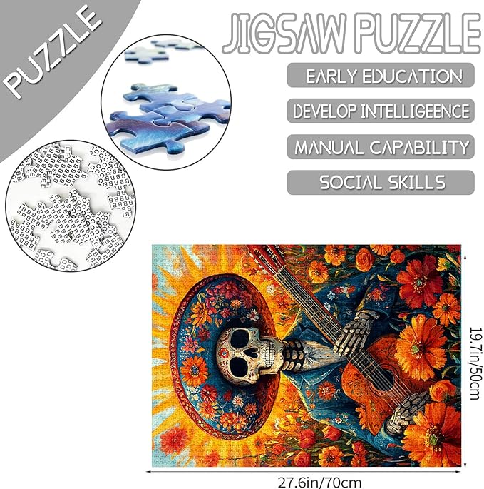 Tucocoo Skull Men Music Jigsaw Puzzles for Adults 1000 Pieces, Skeleton Mexican Style Flowers Art Puzzle Colorful DIY Craft Puzzles for Home Decoration Gifts, Family Puzzle Perfect for Game Nights