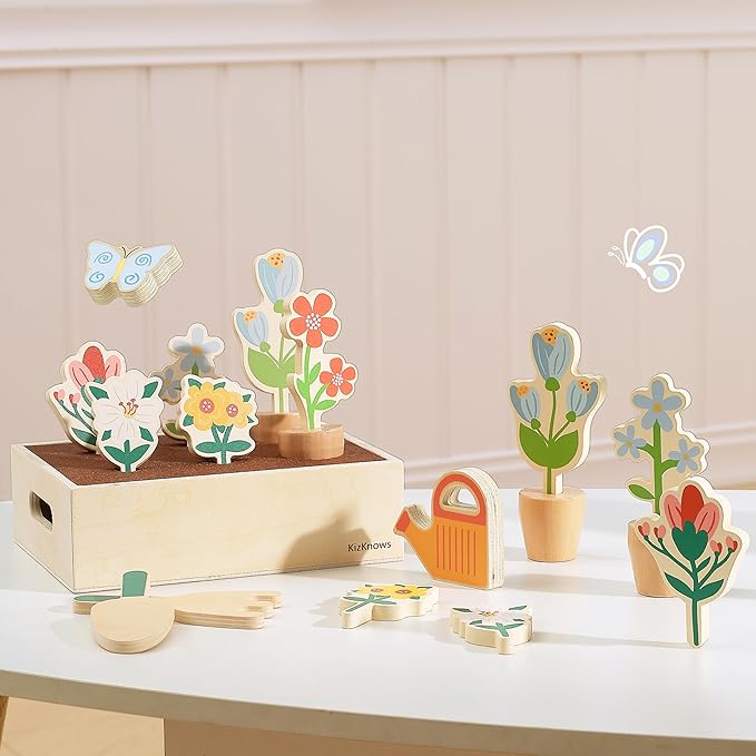 Wooden Toy Flower Garden Set Natural Gardening Toy Playset for Toddlers Pretend Play Blossom Flowerpot Educational Learning Toy for Girls Boys 3 Years and Up