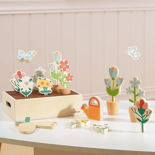 Wooden Toy Flower Garden Set Natural Gardening Toy Playset for Toddlers Pretend Play Blossom Flowerpot Educational Learning Toy for Girls Boys 3 Years and Up
