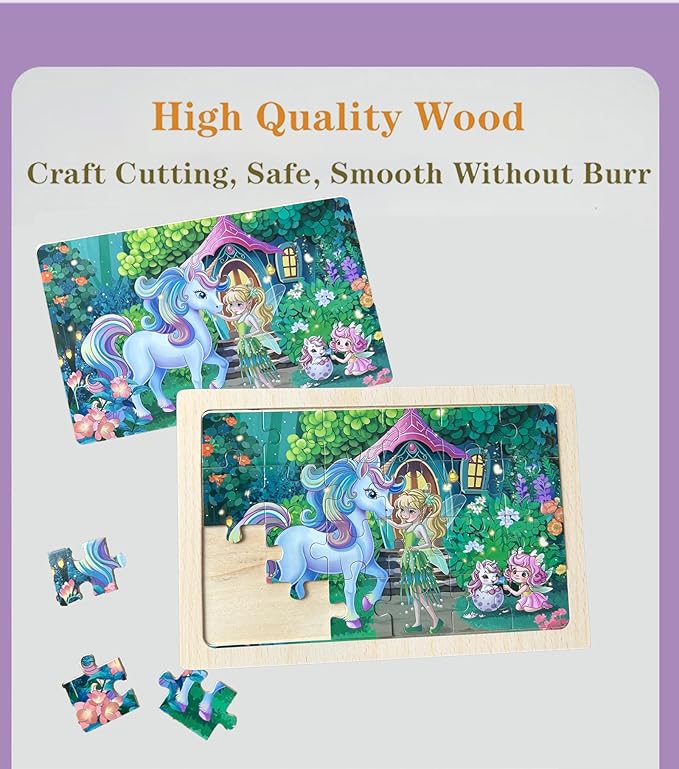 4 Sets of Wooden Puzzles, Each Set has 24 Pieces, Including Castle Unicorn Princess, for Toddlers 3-5, Puzzles for Kids Ages 4-6, Preschool Educational Brain Teaser Toys for Girls 3 4 5 6 Years Old.