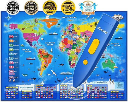 Bilingual Interactive World Map for Kids Learning and Educational Toys, Talking Electronic Kids World Map i-Poster Geography Games Ages 3 to 12 Years Old, Custom Talking Birthday Gifts Card