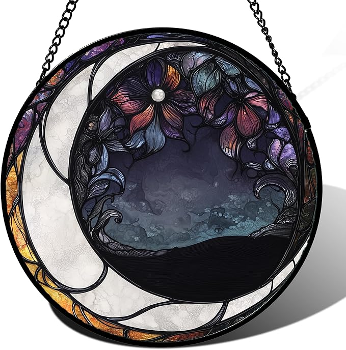 Stained Glass Window Hanging - Black and White Moon Sun Catcher for Door Terrace Garden Home Decor, Abstract Plant Flower Suncatcher Birthday Gifts for Lovers Women Men Dad Mom Nana 6.3 in