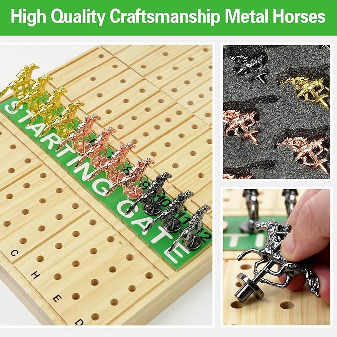 FUNNYB&G 21 inches Horse Race Board Game Foldable Large Horse Racing Game for Adults with 11 Metal Horses, Solid Wood 60 Pcs Poker Chips 2 Dice 1 Pack of Cards for Family Tabletop Parties(Log)