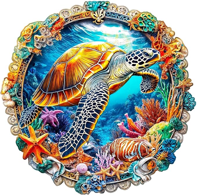 Wooden Puzzles for Adults - Fantasy Ocean Wooden Jigsaw Puzzle for Adults, Colorful Turtle Wood Puzzles Adult, Unique Animal Shape Ocean Puzzle, Wall Art Home Decor (L-13.2 * 13.1in- 255 Pieces)