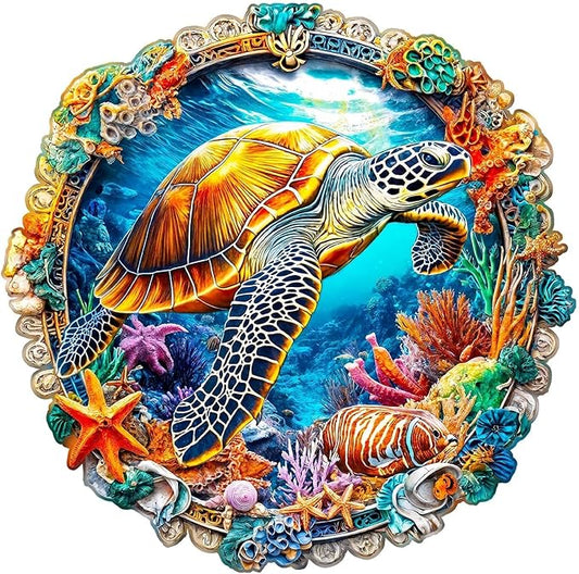 Wooden Puzzles for Adults - Fantasy Ocean Wooden Jigsaw Puzzle for Adults, Colorful Turtle Wood Puzzles Adult, Unique Animal Shape Ocean Puzzle, Wall Art Home Decor (L-13.2 * 13.1in- 255 Pieces)