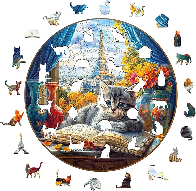 KAAYEE Wooden Puzzles for Adults, 3D Visual Effect Paris and Cat Wooden Jigsaw Puzzle Unique Shape Wood Puzzle Adult, 3D Effect Flat Puzzle Birthday Family Games (M-11.4 * 11.4 in-200pcs)