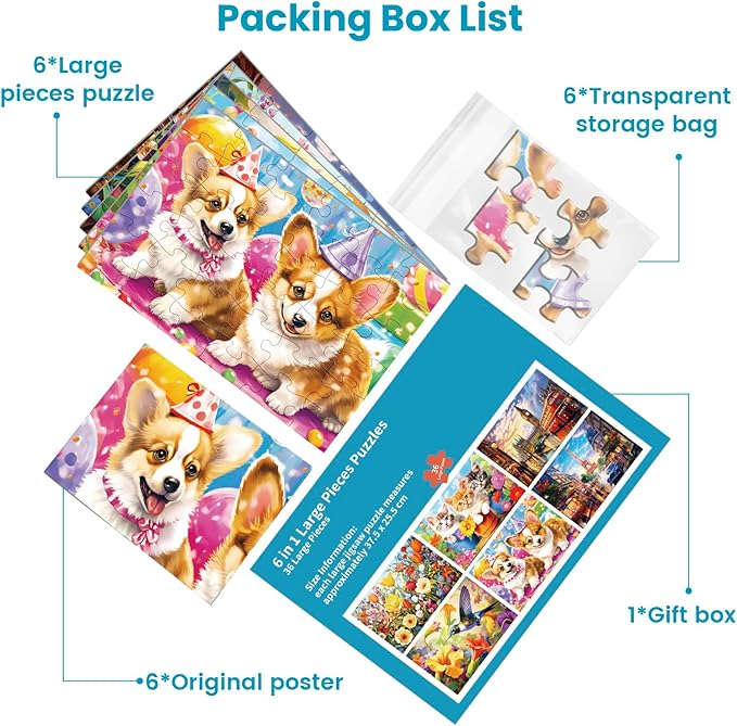 6 Packs 36 Pieces Large Puzzles for Seniors,Dementia Puzzles for Elderly Adults,Jigsaw Puzzles for Adults Seniors with Alzheimer's Dementia with 6 Storage Bags(Animals