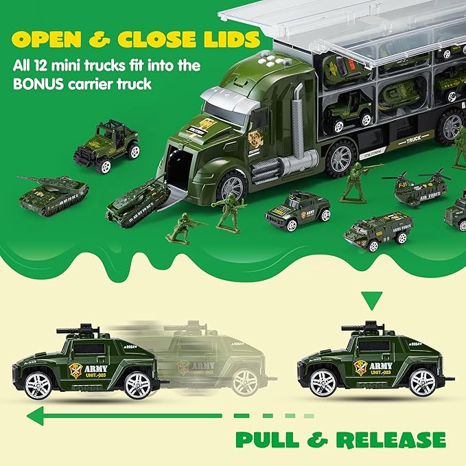 JOYIN 25 in 1 Green Military Big Truck Toys, Army Men Tanks Set with Soldier Men, Mini Battle Car Toy in Carrier Truck with Lights and Sounds, Gifts for Toddler Kids Boys Ages 3+