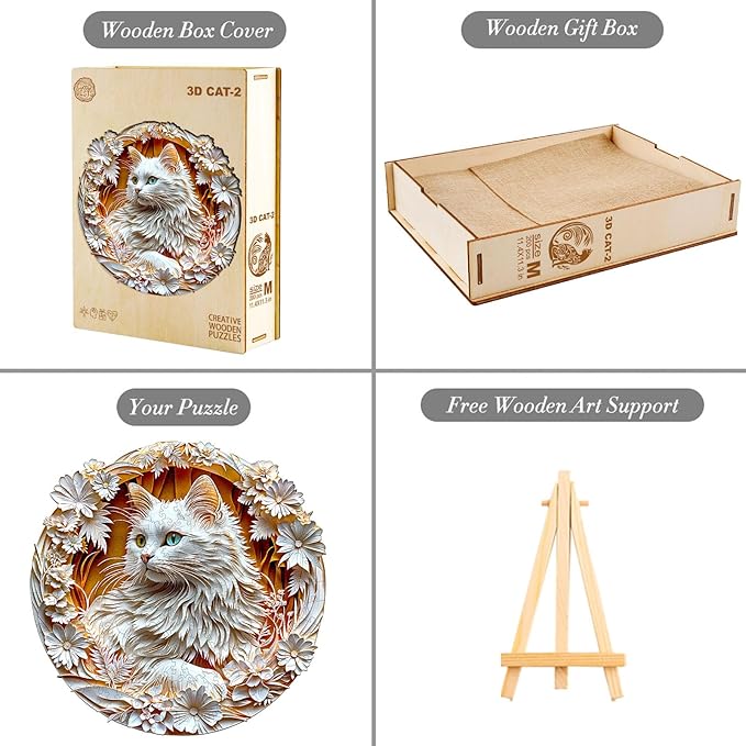 Wooden Puzzle for Adults-3D Visual Effect White Cat Wooden Puzzle Unique Shape Advanced Wooden Jigsaw Puzzle for Adult, Best Birthday Gifts,Halloween Challenge Craft (S-8.5 * 8.4in-100pcs)