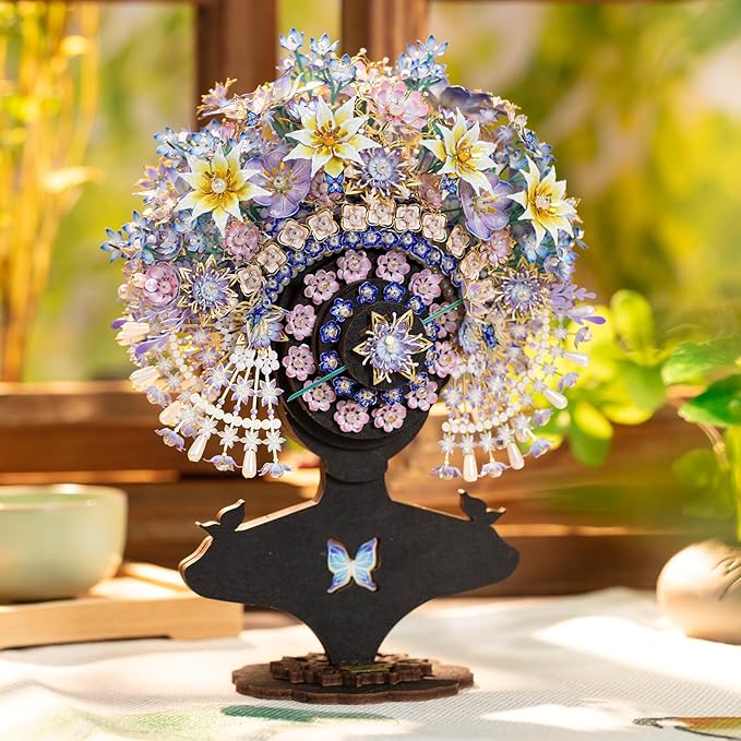 MU 3D Metal Puzzle Models Kits Wooden Puzzles Head-Pinned Flowers Crown, Head Jewelry Craft Work Miniature Building, DIY Set Birthday New Year Girlfriend Gifts Home Desk Office Decor New Year Gift