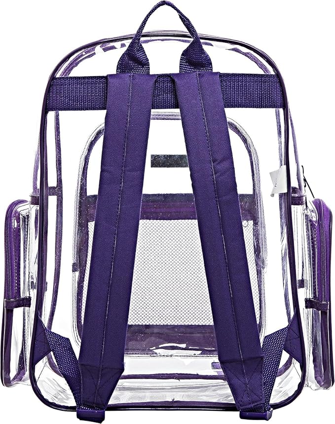 Wholesale 10-Pack Bulk Case Clear PVC Backpacks with Purple Trim and 5 Zipper Compartments, 17 Inch Transparent School Approved Backpack, Daypack, Stadium Bag, Bookbag