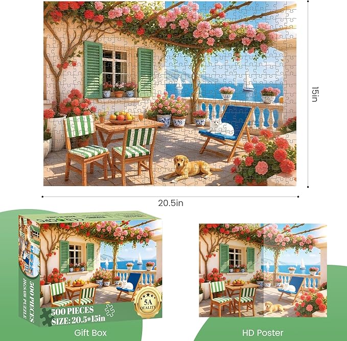 500 Piece Puzzles for Adults, Cozy Seaside Terrace Scene Jigsaw Puzzles with Dog and Cat, Relaxing 500 Piece Puzzle, Perfect for Family Time, Wall Decor, Gift for Adults, Kids, Seniors, 20.5 x 15 in