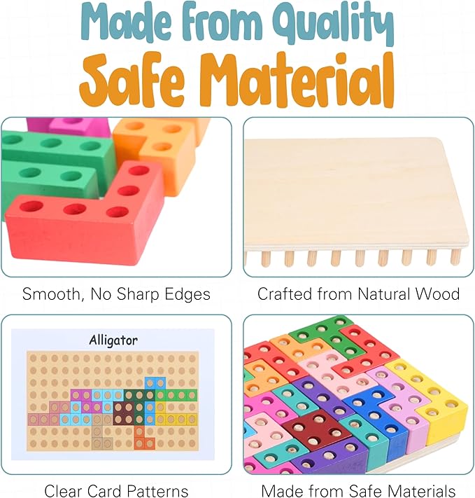 Zen Fun Montessori Animal Block Puzzle for Spatial Intelligence, Montessori Puzzle for Kids 4+, Wooden peg Puzzles Pentomino Peg Puzzle with 60 Different Design Cards to Recreate!