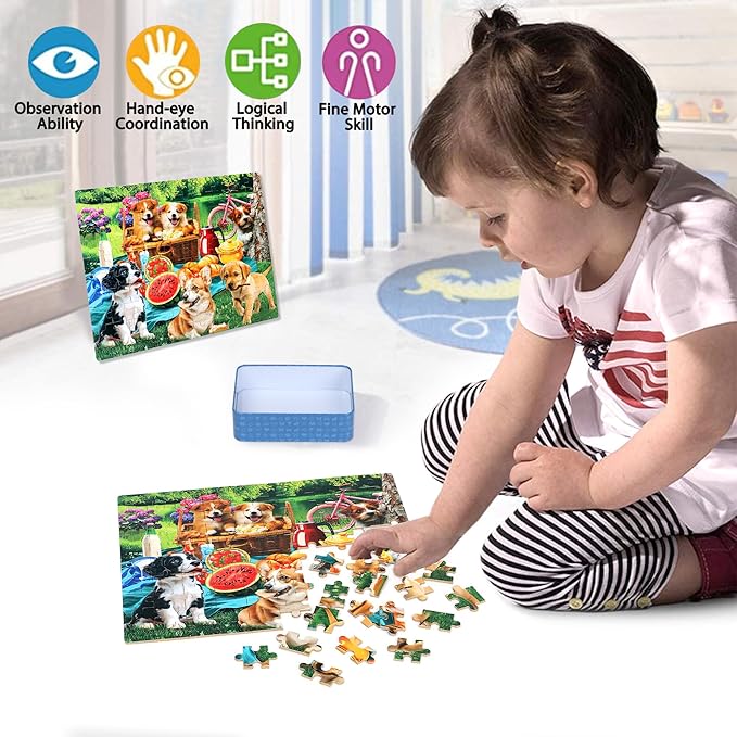 LELEMON Puzzles for Kids Ages 4-6,4-Pack 100 Piece Puzzles for Kids Ages 4-8 in a Metal Box,Donut National Parks Map USA Map Dogs Educational Jigsaw Puzzles Puzzle Games Puzzle Toys for Girls and Boys