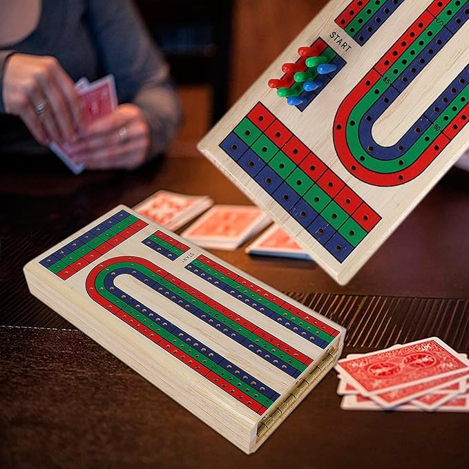 GOTHINK Folding Cribbage Board Game Set, Classic Wooden Cribbage Boards Game for Family Fun, 9 Multi-Colored Pegs, 3 Tracks, Red Green Blue Pegs for 2-3 Players