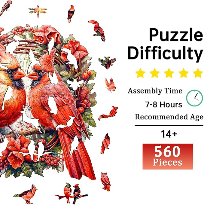 Jigfoxy Wooden Puzzles for Adults, Cardinal Wood Puzzles Adult, Unique Animal Shape Wooden Jigsaw Puzzles for Adults, Birthday Gifts for Puzzle Lovers, Family, Friend (XL-17.3 * 17.2in-560 pcs)