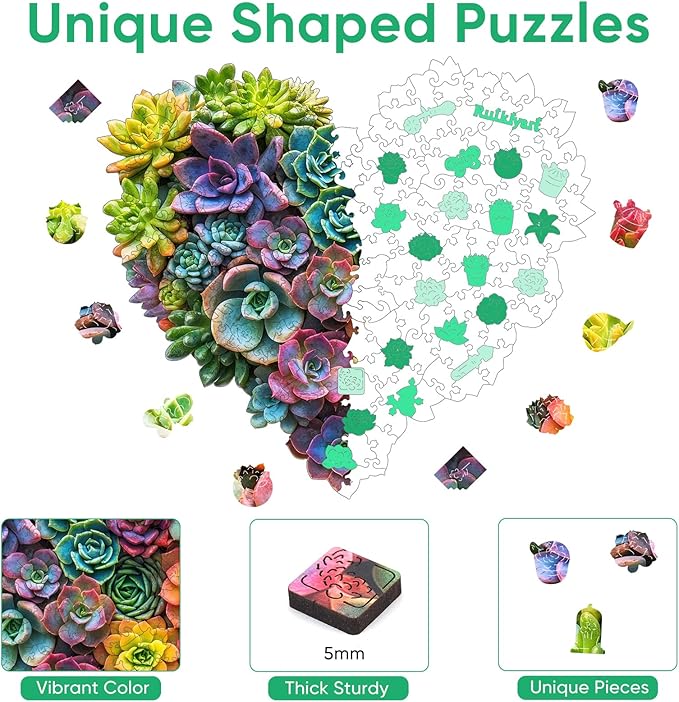 Ruikiyart Wooden Puzzles for Adults, 5MM 500 Pieces Succulent Heart Wooden Jigsaw Puzzles, Plant Unique Shaped Puzzle Gifts for Adults and Kids on Thanksgiving, Family Puzzle Games(18.3"*16.2")