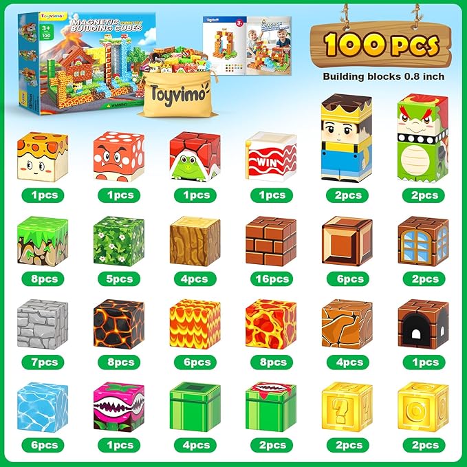 100PCS Magnetic Blocks Magnetic Building Blocks Sensory Toys for Kids Ages 3-5 6-8 8-12 Kids Game Toys for 3+ Year Old Boys & Girls, 3 4 5 6 7 8 9 10 Year Old Boy Birthday