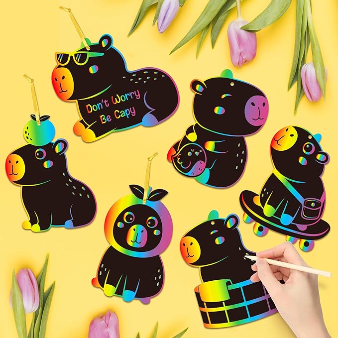 CY2SIDE Capybara Scratch Cards Ornaments - 60PCS DIY Fun Animal Scratch Paper Art for Kids School Activity, Cute Cartoon Kawaii Capybara Magic Art Rainbow Color Craft Decorations for Party Supplies