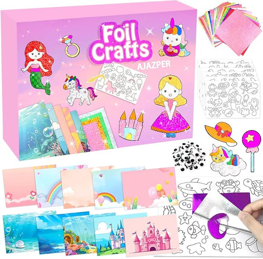 Foil Crafts for Kids, Arts Kit for Kids, Art & Craft Supplies Kits, DIY Creative Activity Travel Toy Gift, Ideal Birthday Christmas Party Favor Gifts for Girls Boys Ages 4+ (Pink)