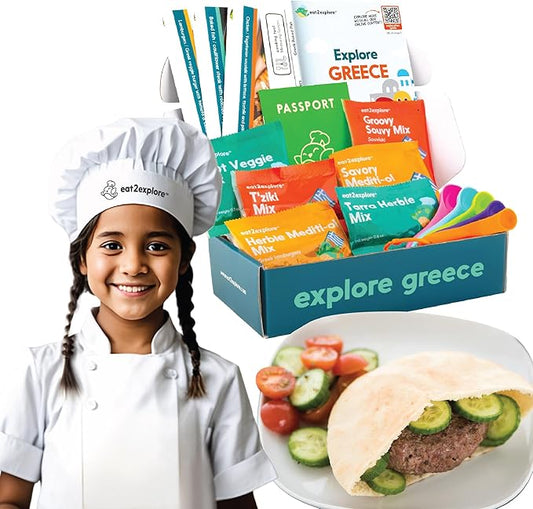 eat2explore Cooking Kits for Kids - Interactive & Educational Set with 3 Recipe Cards, Key Ingredients & Cooking Tools - Ideal Idea for Kids who Love to Create Meals (Greece Edition)
