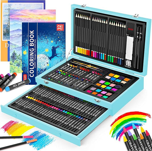 Arts and Crafts Gifts for Kids 6-14 Year Teens Boys Girls Christmas Gifts, 150-Pack Art Set Kits with 2 Sketch Pads, Coloring Book, 24 Colored Pencils, 24 Oil Pastels, 24 Watercolor, 60 Crayons