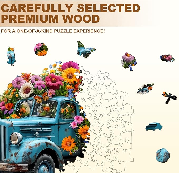 Jigfoxy Wooden Puzzle for Adults, Flower Car Jigsaw Puzzles for Adult, Unique Animal Shape Wood Cut Puzzles, Christmas Thanksgiving Gifts for Friends Family (S-8.5 * 6.8in-80pcs)