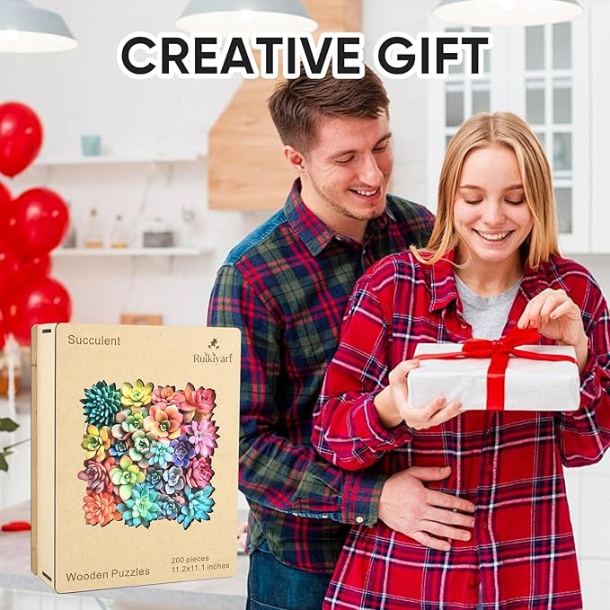 Ruikiyart Wooden Puzzles for Adults,5MM 200 Pieces Succulent Wooden Jigsaw Puzzles,Plant Unique Shaped Puzzle Gifts for Adults and Kids on Thanksgiving,Challenging Family Puzzle Games(11.2'' x 11.1'')