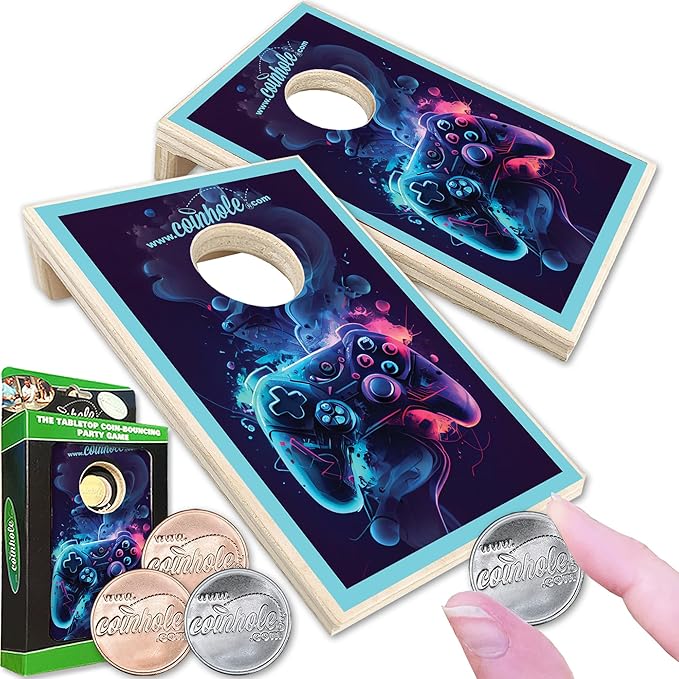 Coinhole Desktop Coin Bouncing Party Game Set | Tabletop Cornhole Board Game | Small Cornhole Travel Game Includes Coins
