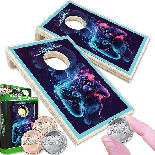 Coinhole Desktop Coin Bouncing Party Game Set | Tabletop Cornhole Board Game | Small Cornhole Travel Game Includes Coins