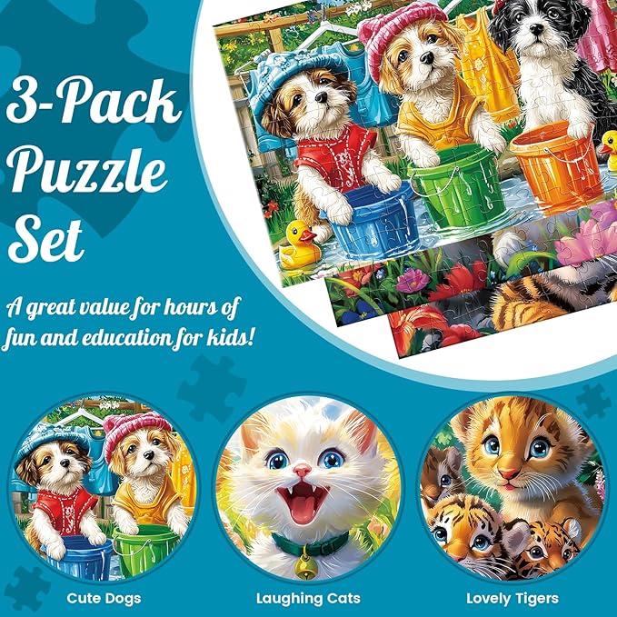 3-Pack 100 Piece Puzzles for Kids,Cute Dogs Cats Tigers Animals Puzzle for Kids Age 4-6 6-8 8-10,Unique Large Piece Jigsaw Puzzle,Recycled Paper,Bright & Colorful Educational Puzzle,Boys Girls Gift