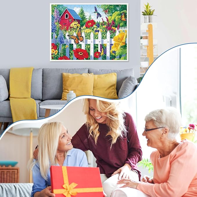 300 Piece Puzzle for Adults,Beautiful Garden Puzzles for Adults Kids Elderly,Large Piece Butterfly and Birds Puzzles for Kids Age 8-10 10-12,Challenging Flower Puzzle,Family Game Great Gift 20.5x15 in