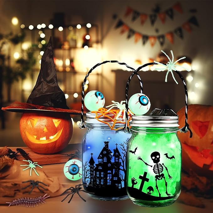 Halloween Craft Kit for Kids, 4 pcs Glass Mason Jar with Accessories for DIY Lantern Jar, Halloween Art & Craft Party Supplies for Classroom,Art and Craft Party Supplies for Kids