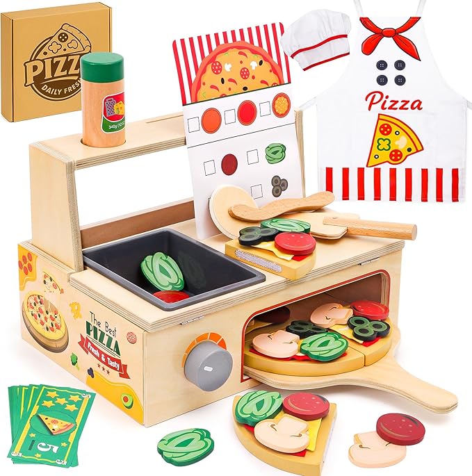 Wooden Pizza Toy, Montessori Pretend Play Toys, Wooden Pizza Counter Playset, Play Food and Accessories, Cooking Pretend Play Toys for Boys Girls Age 3+