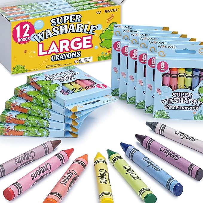 Super Washable Jumbo Crayons Bulk, 12 Pack Crayons with 8 Bright Colors, Non-Toxic Easy-Grip for Toddlers 1-3 & Kids Ages 4-8, Safe Art Supplies for Coloring Books & School Projects